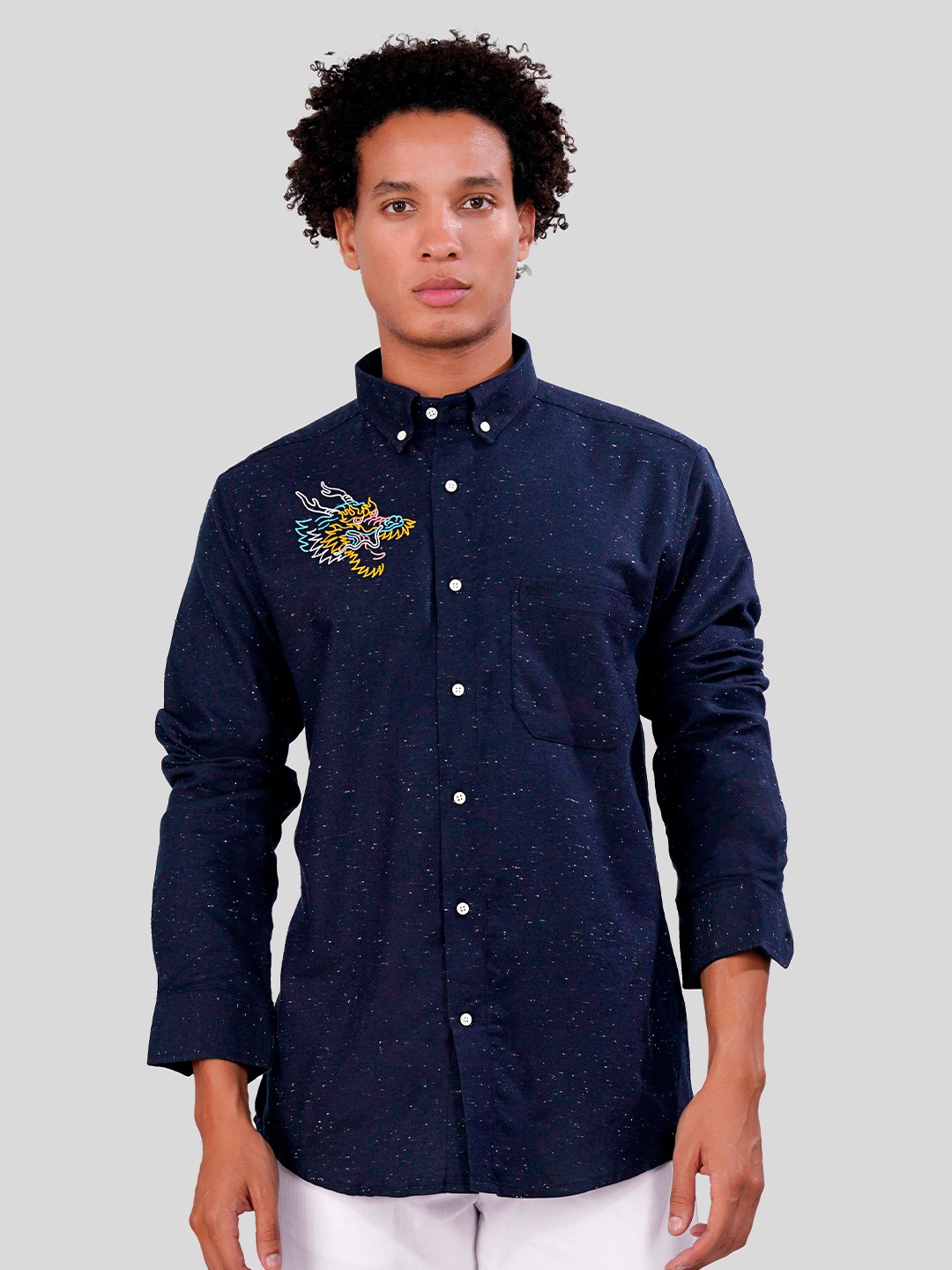 

FRENCH CROWN Standard Button-Down Collar Embroidered Detail Cotton Casual Shirt, Blue