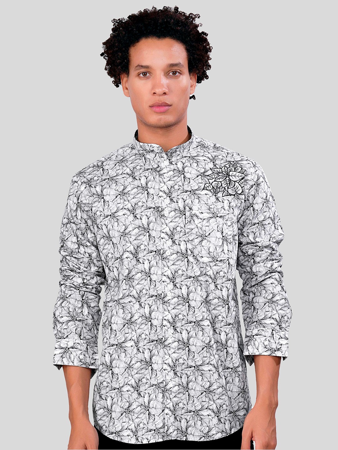 

FRENCH CROWN Standard Floral Printed Band Collar Cotton Casual Shirt, White