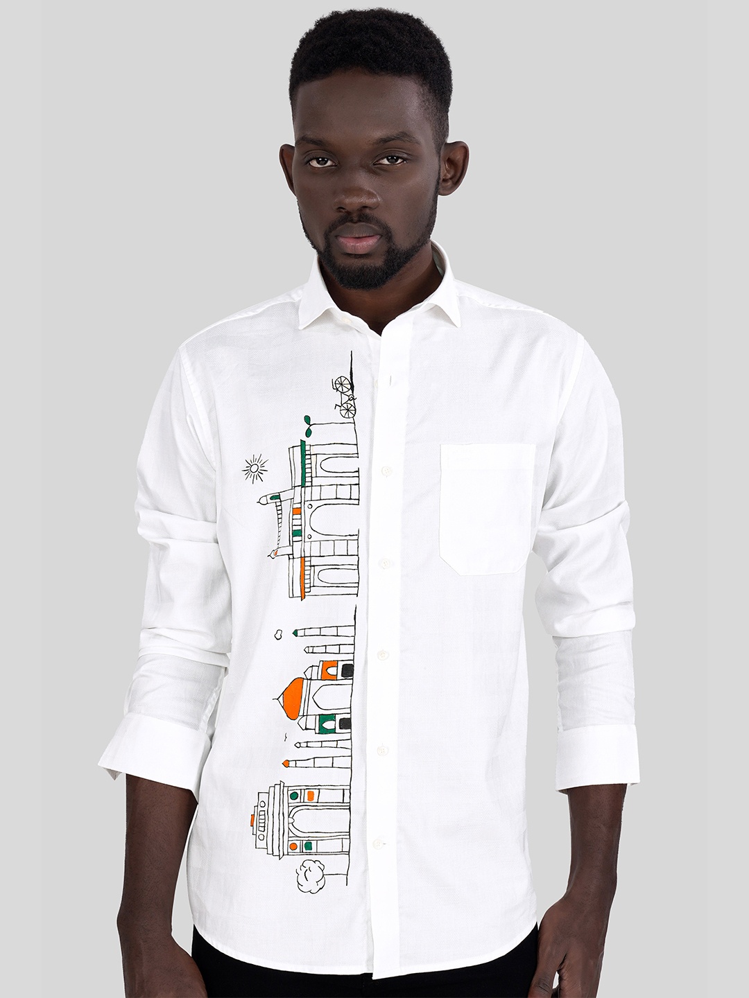 

FRENCH CROWN Men Standard Conversational Printed Cotton Casual Shirt, White