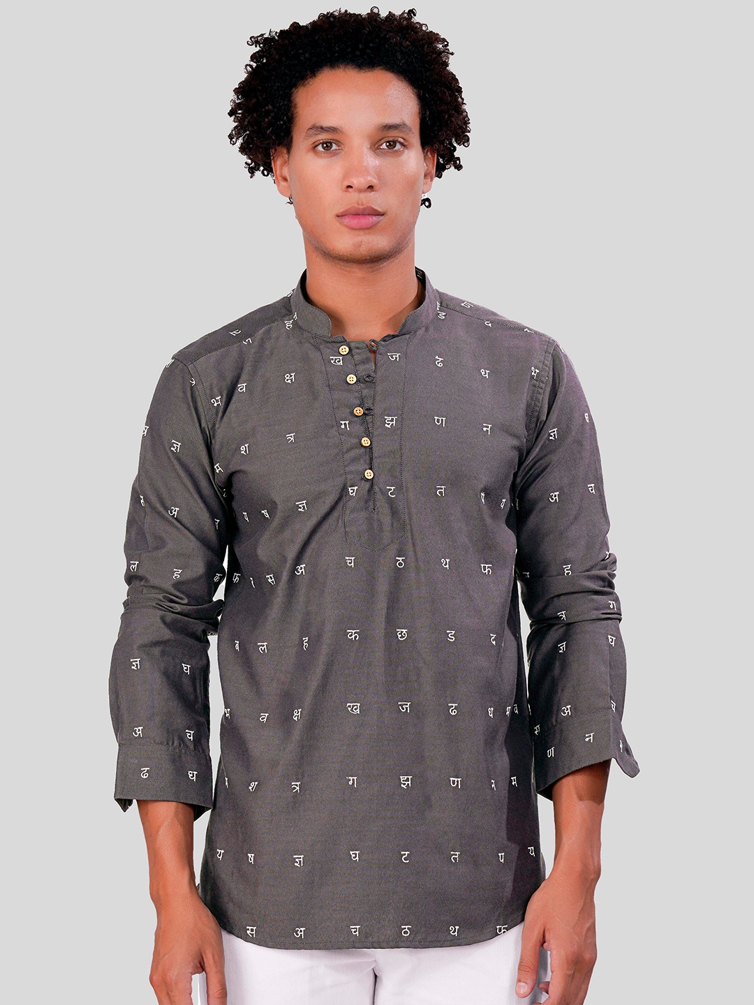 

FRENCH CROWN Ethnic Motifs Printed Mandarin Collar Cotton Straight Kurta, Grey
