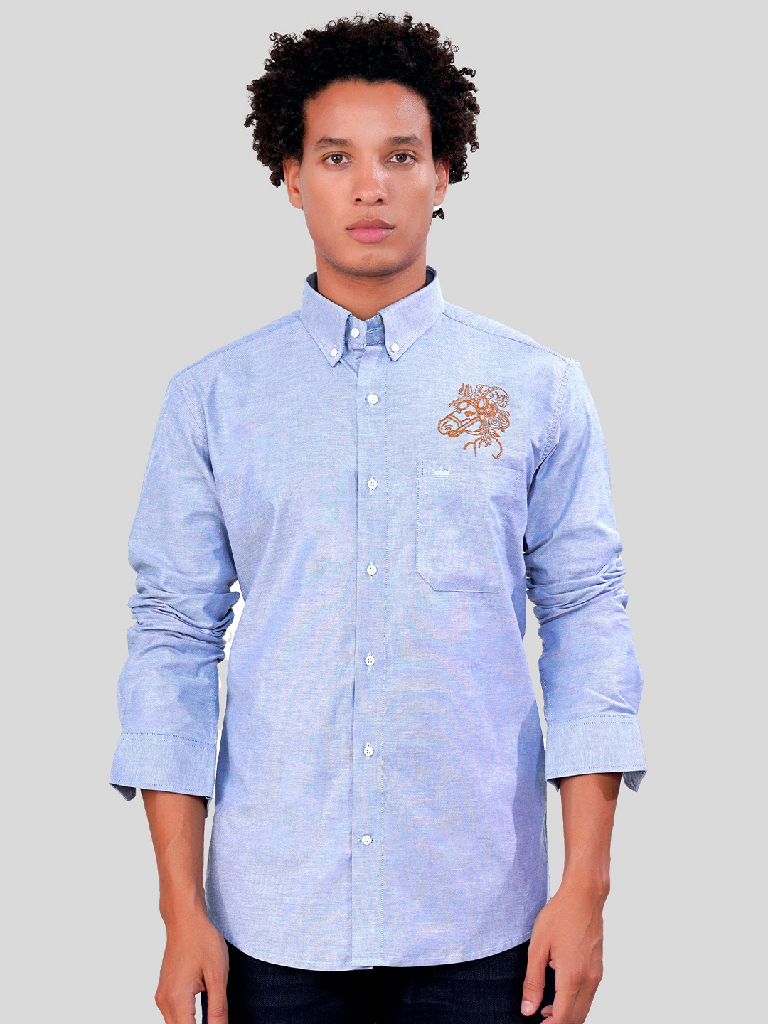 

FRENCH CROWN Button-Down Collar Embroidered Detail Linen Casual Shirt, Blue