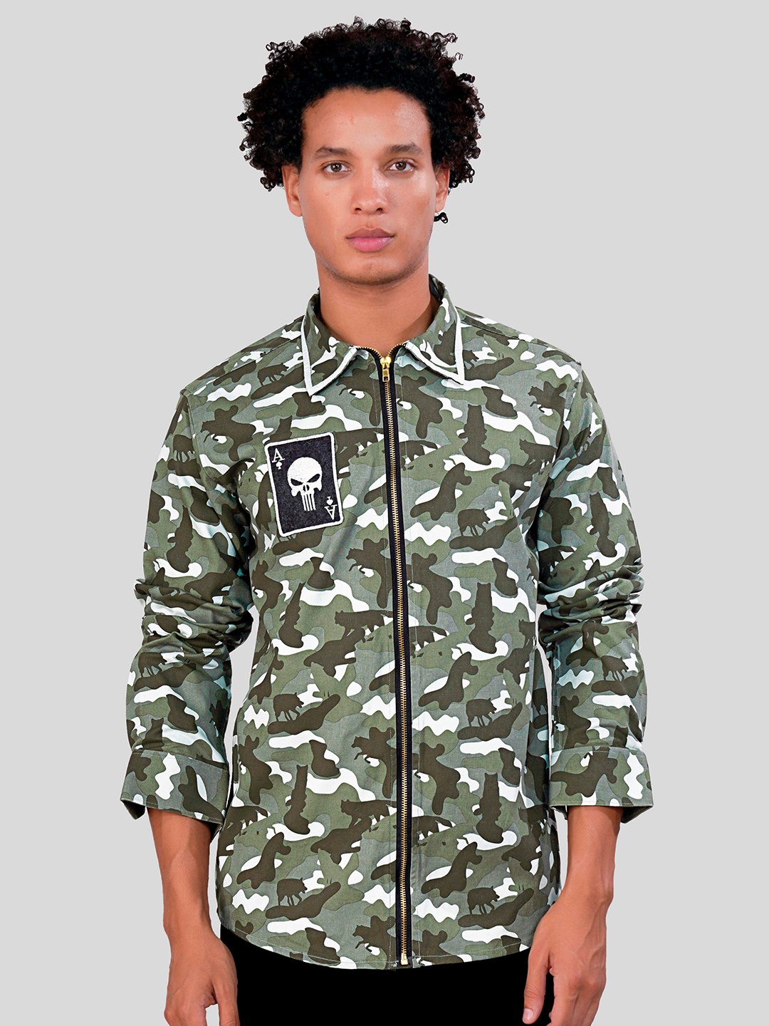 

FRENCH CROWN Standard Camouflage Printed Cotton Casual Shirt, Green