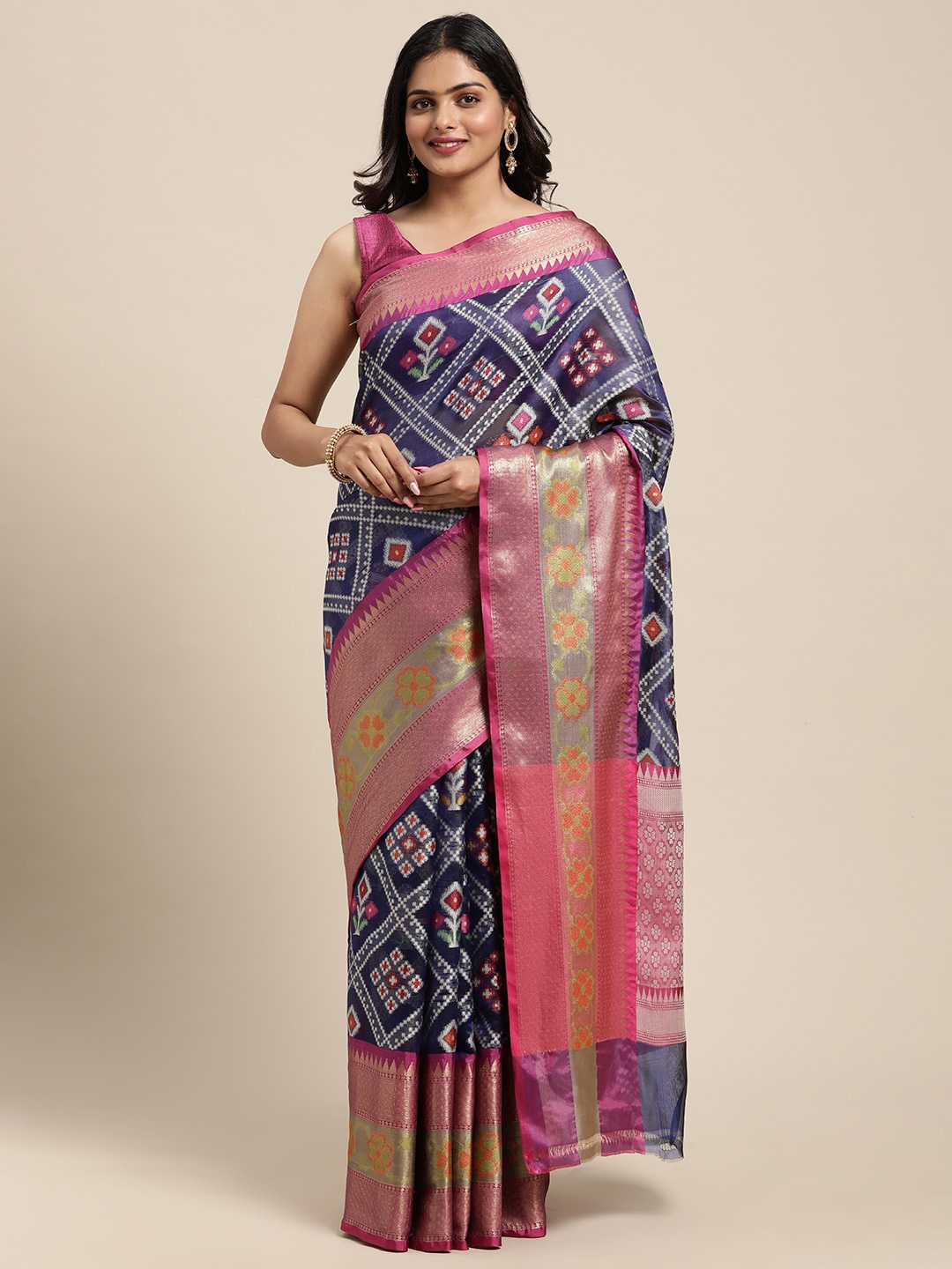 

PTIEPL Banarasi Silk Works Woven Design Zari Art Silk Ikat Saree, Blue