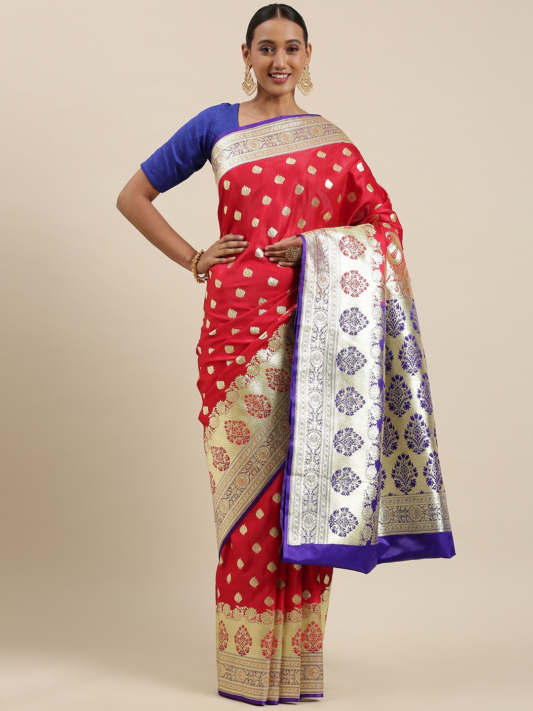 

PTIEPL Banarasi Silk Works Woven Design Zari Satin Saree, Red