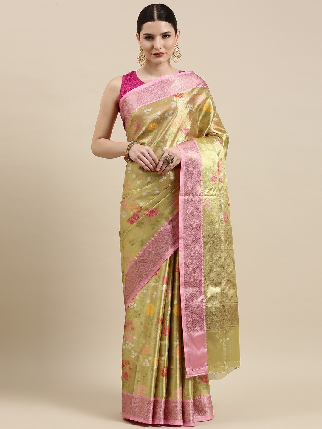 

PTIEPL Banarasi Silk Works Floral Woven Design Zari Tissue Ikat Saree, Gold