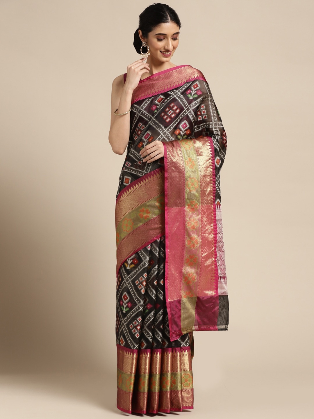 

PTIEPL Banarasi Silk Works Woven Design Zari Art Silk Ikat Saree, Black