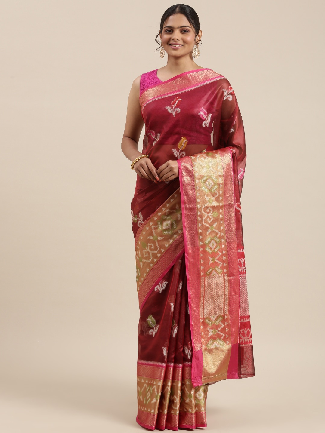 

PTIEPL Banarasi Silk Works Woven Design Zari Art Silk Ikat Saree, Maroon