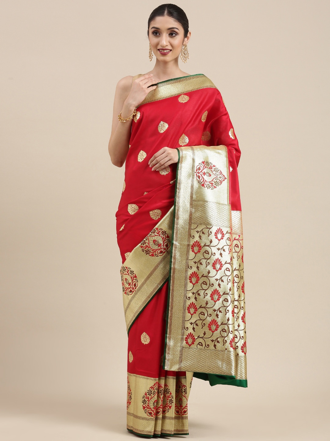 

PTIEPL Banarasi Silk Works Design Zari Satin Saree, Maroon