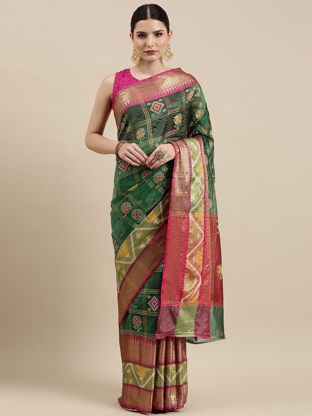 

PTIEPL Banarasi Silk Works Woven Design Zari Art Silk Ikat Saree, Green