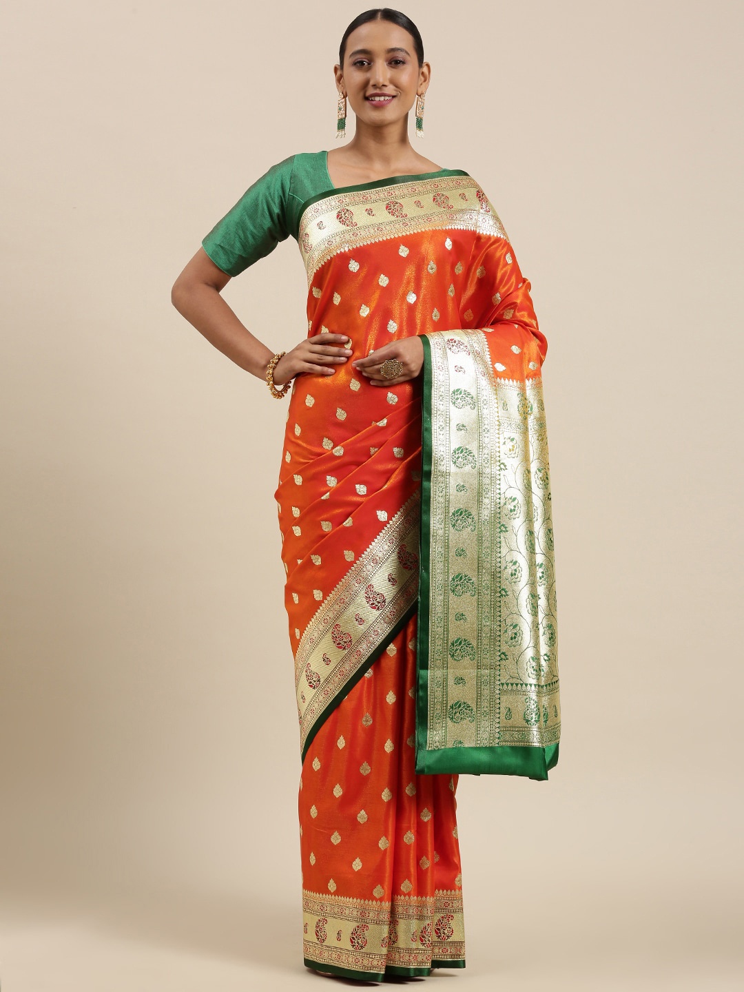 

PTIEPL Banarasi Silk Works Ethnic Motifs Woven Design Zari Satin Banarasi Saree, Orange