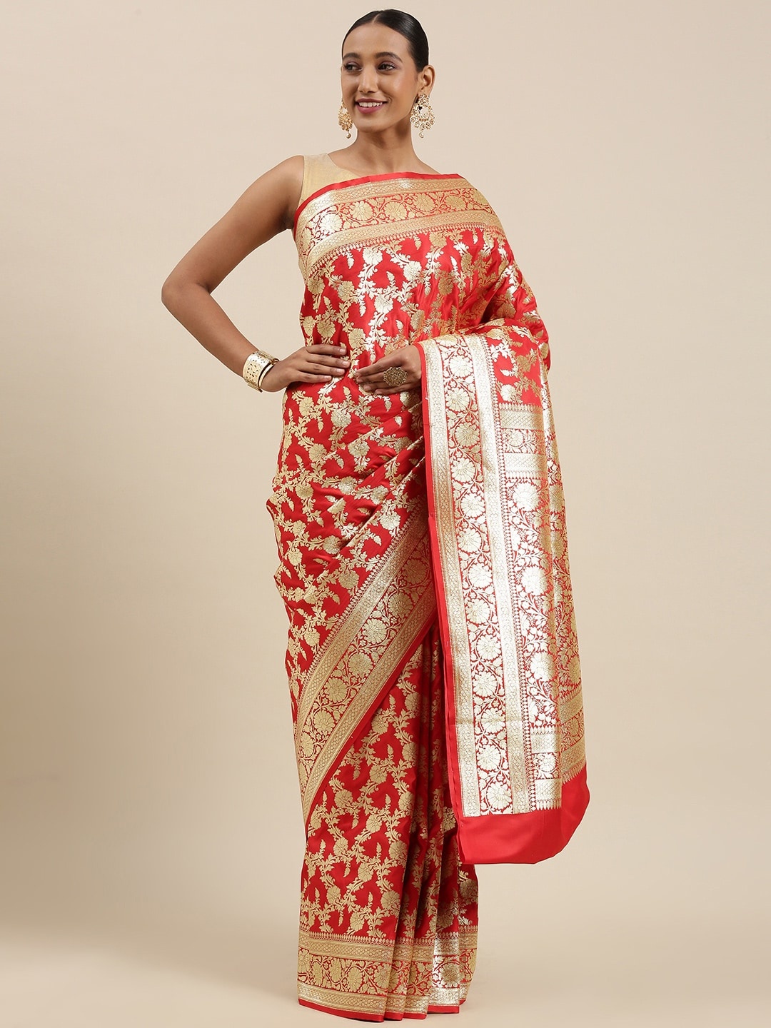 

PTIEPL Banarasi Silk Works Ethnic Motifs Woven Design Zari Banarasi Saree, Red