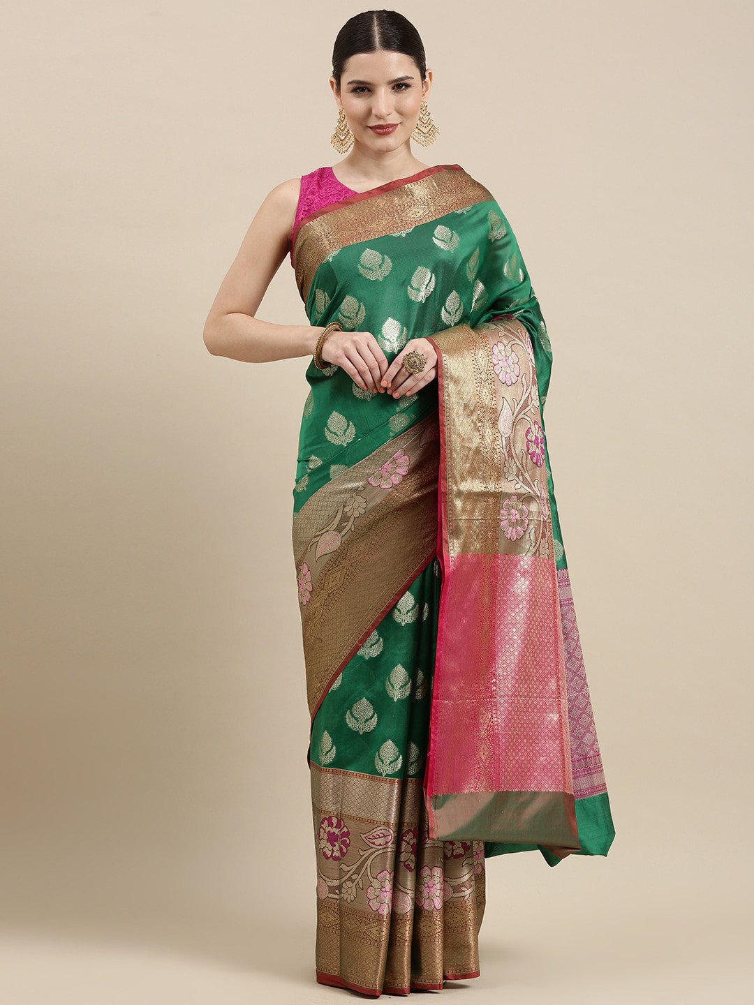

PTIEPL Banarasi Silk Works Ethnic Motifs Woven Design Zari Ikat Saree, Green