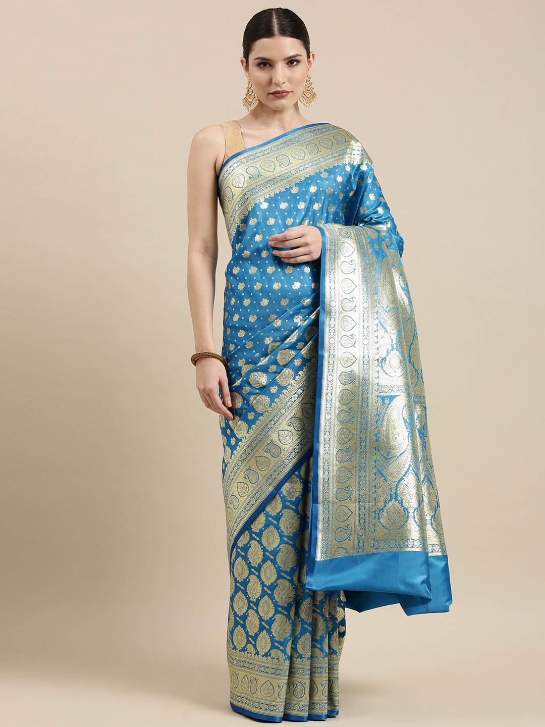 

PTIEPL Banarasi Silk Works Ethnic Motifs Woven Design Zari Satin Banarasi Saree, Turquoise blue