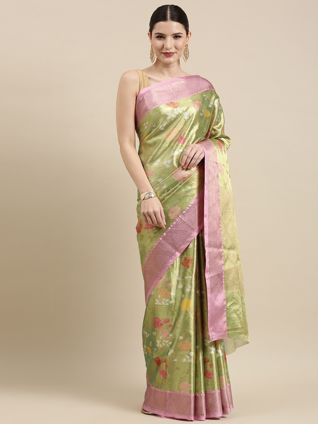 

PTIEPL Banarasi Silk Works Floral Woven Design Zari Tissue Ikat Saree, Gold