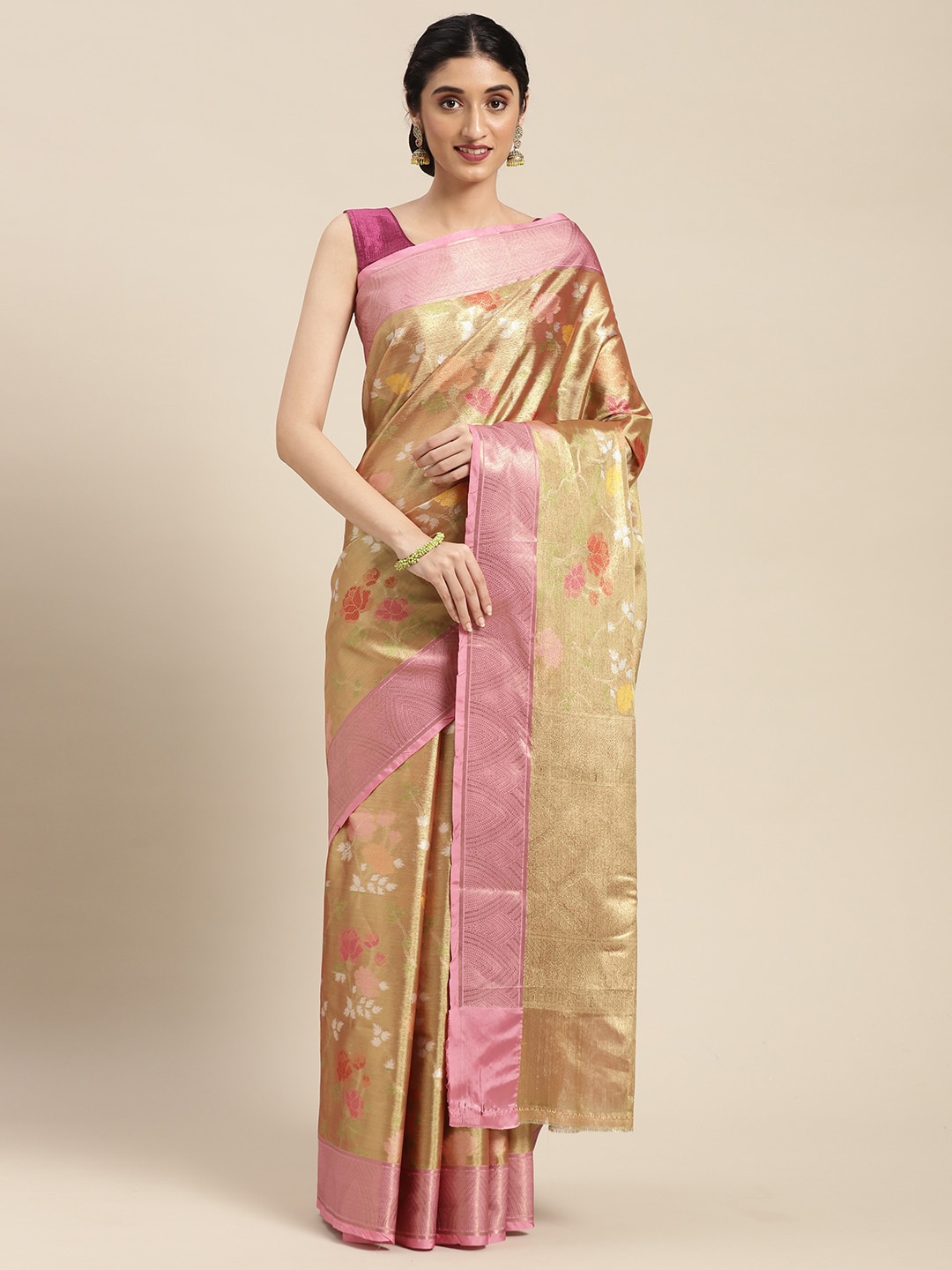

PTIEPL Banarasi Silk Works Floral Woven Design Zari Tissue Saree, Gold