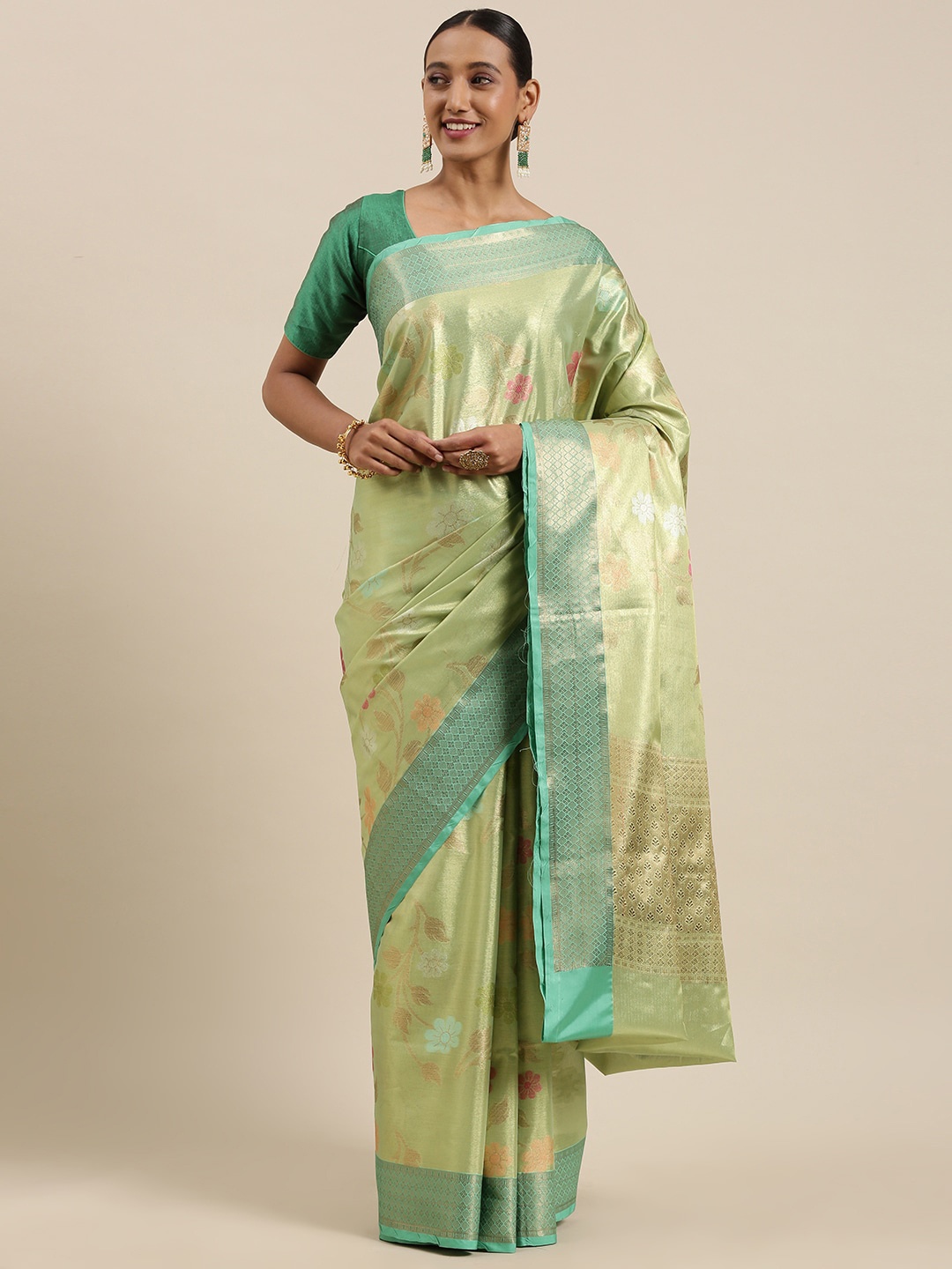 

PTIEPL Banarasi Silk Works Floral Woven Design Zari Tissue Saree, Green