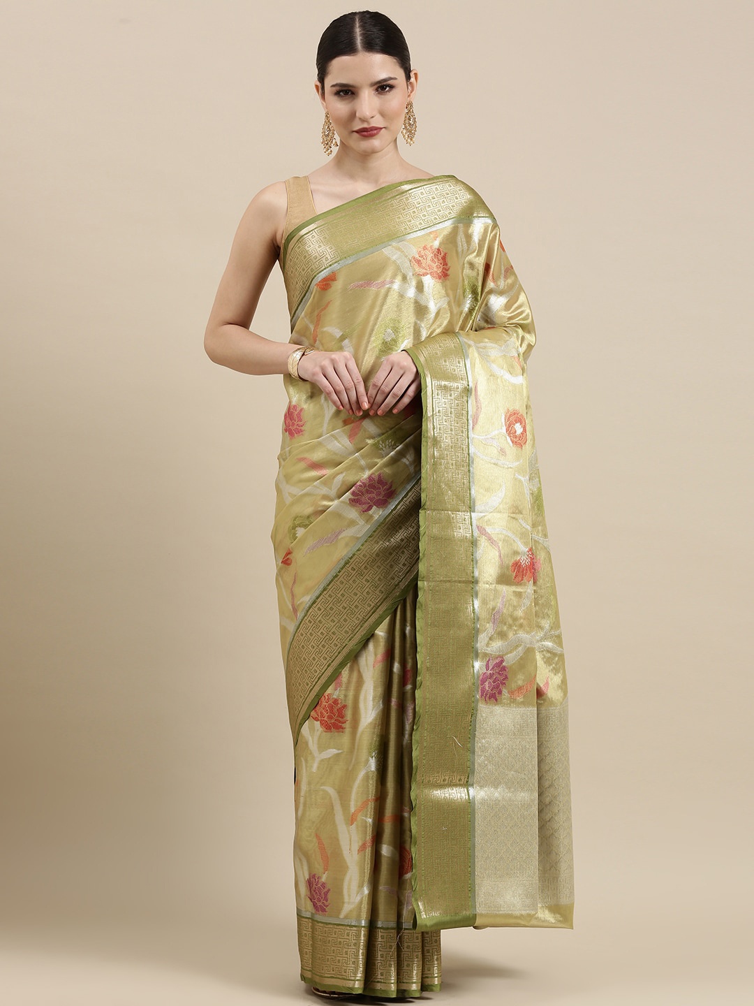 

PTIEPL Banarasi Silk Works Floral Woven Design Zari Tissue Saree, Green