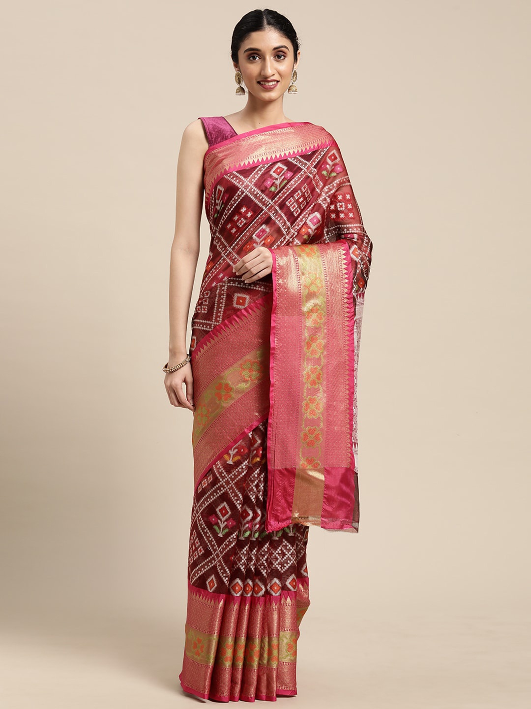 

PTIEPL Banarasi Silk Works Floral Woven Design Zari Ikat Saree, Maroon