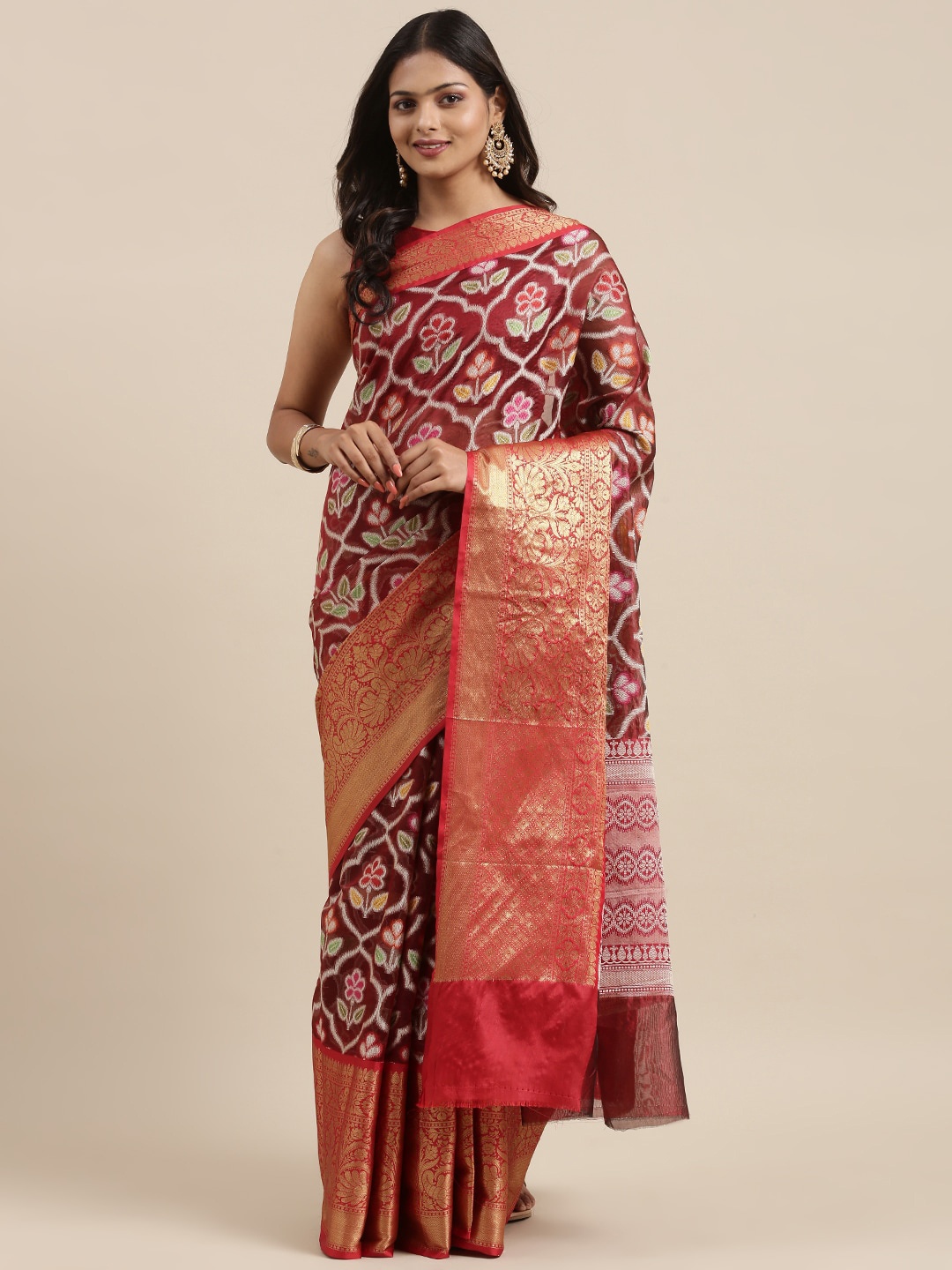 

PTIEPL Banarasi Silk Works Floral Woven Design Zari Ikat Saree, Maroon