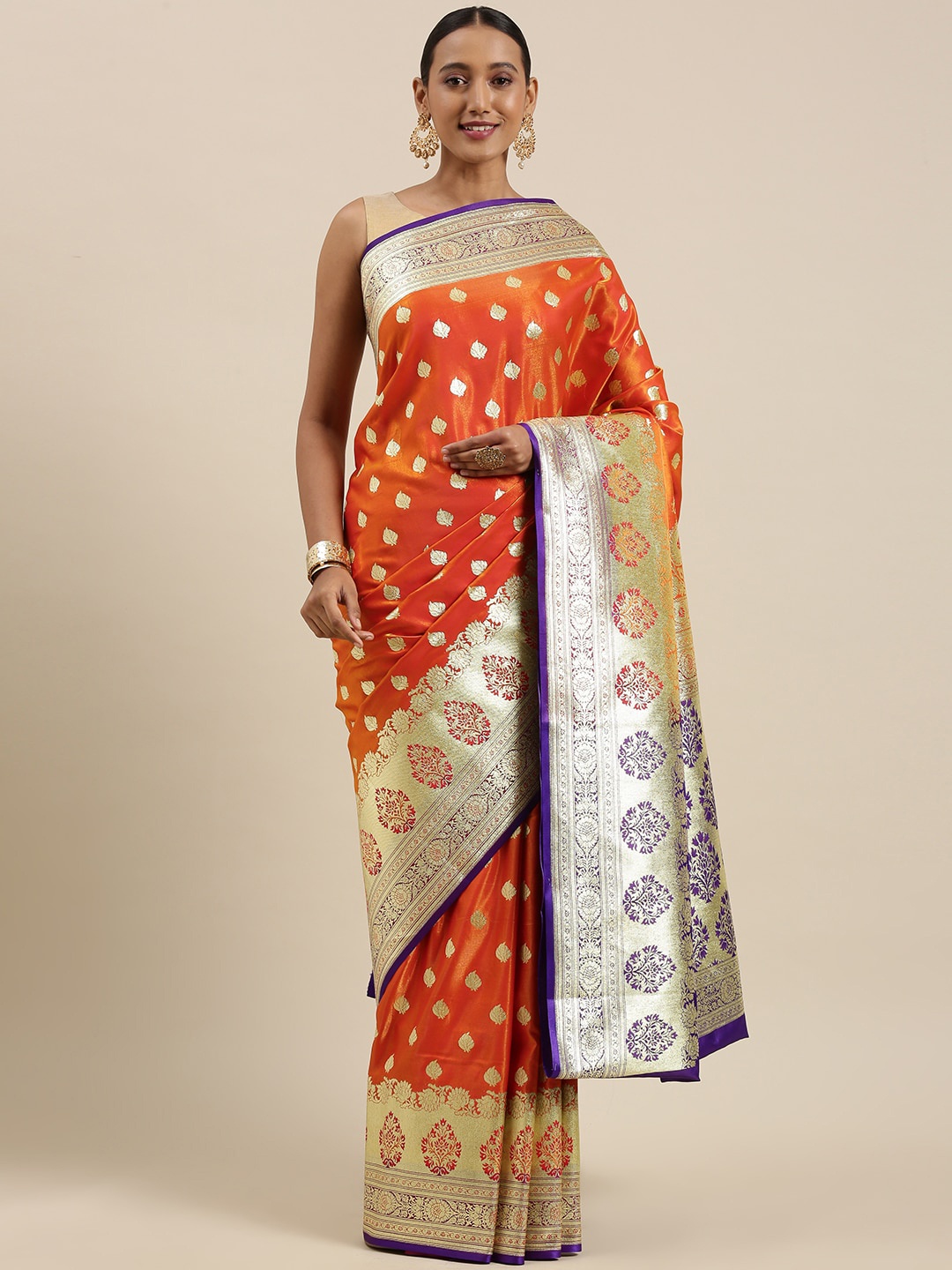 

PTIEPL Banarasi Silk Works Ethnic Motif Woven Design Zari Satin Banarasi Saree, Orange