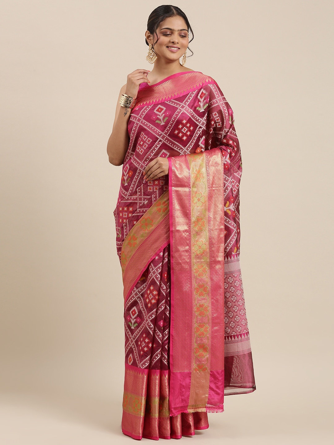 

PTIEPL Banarasi Silk Works Floral Woven Design Zari Ikat Saree, Magenta