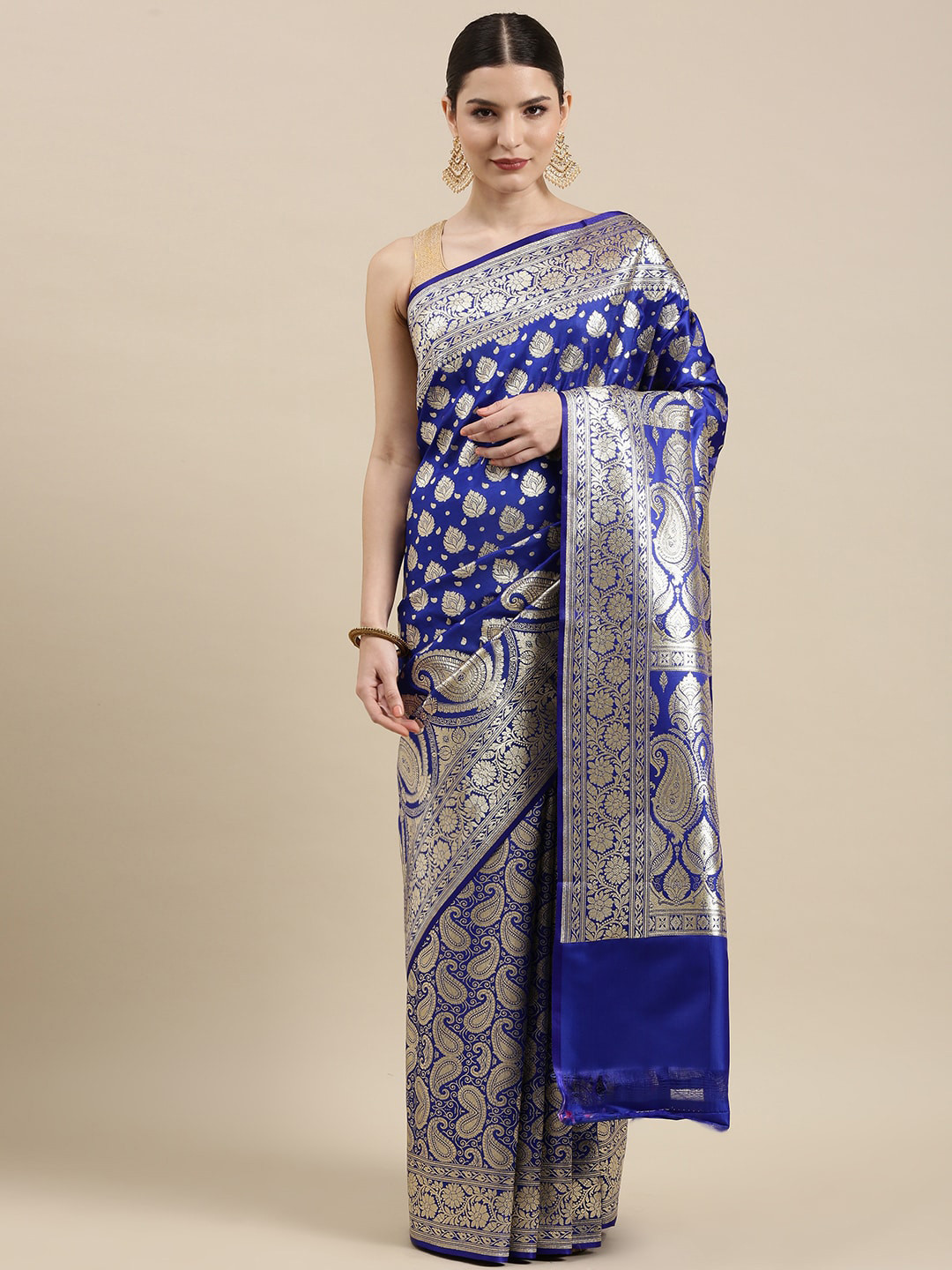

PTIEPL Banarasi Silk Works Ethnic Motif Woven Design Zari Satin Banarasi Saree, Blue