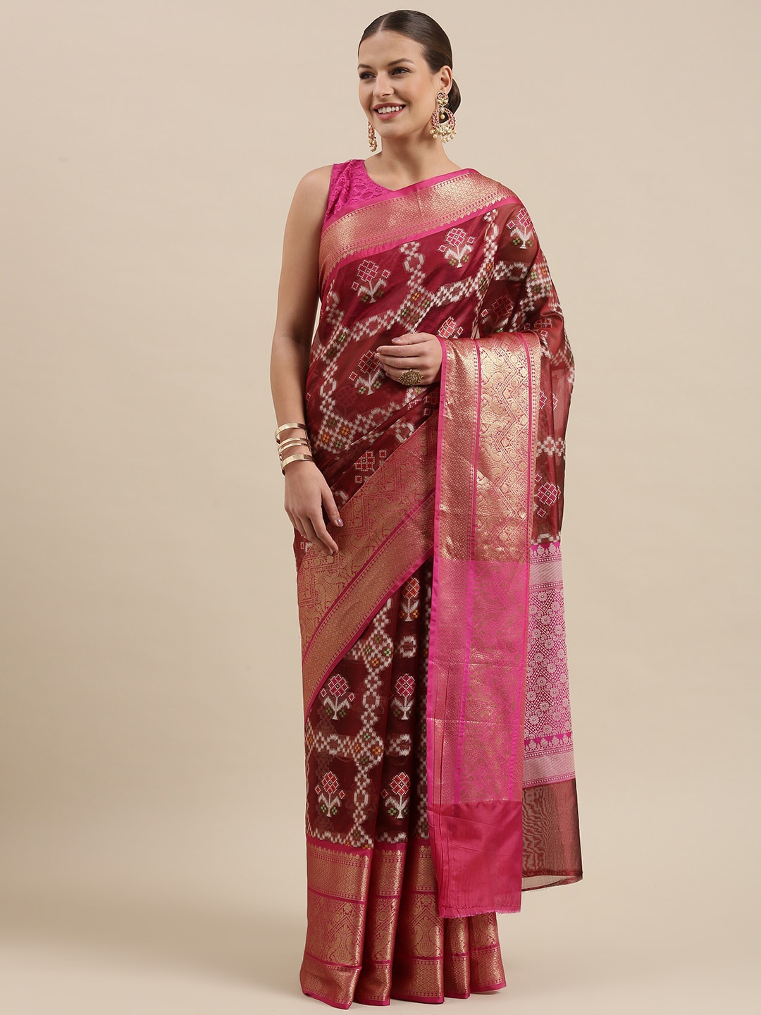 

PTIEPL Banarasi Silk Works Ethnic Motifs Woven Design Zari Art Silk Ikat Saree, Maroon
