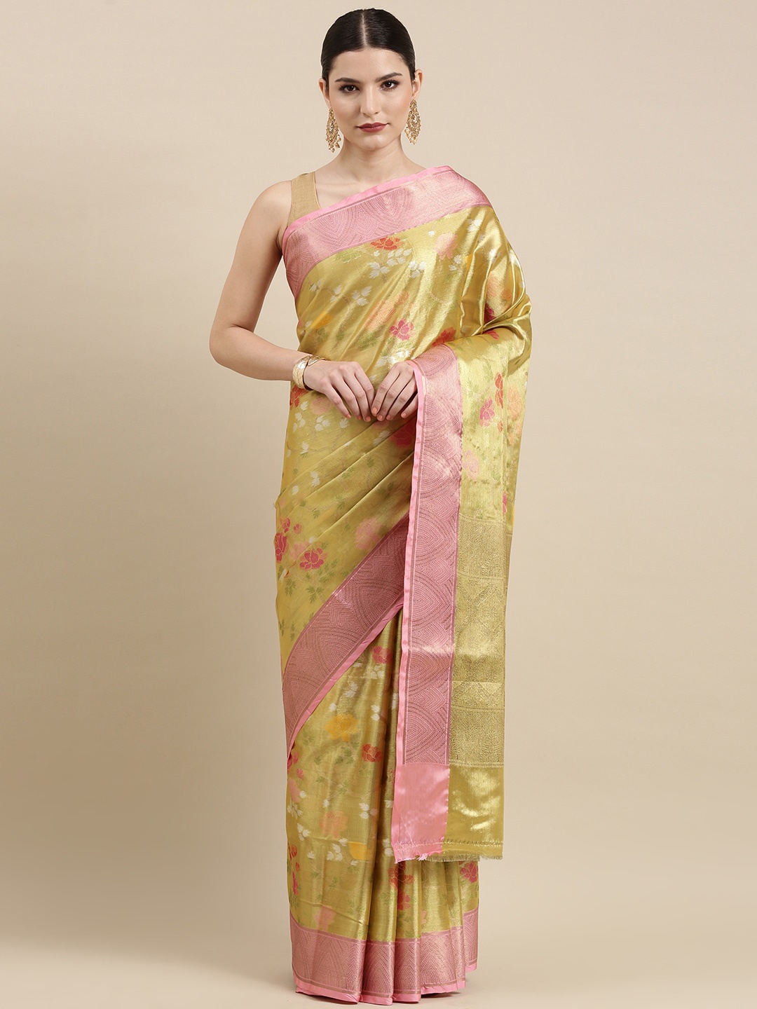 

PTIEPL Banarasi Silk Works Ethnic Motifs Woven Design Zari Tissue Ikat Saree, Gold