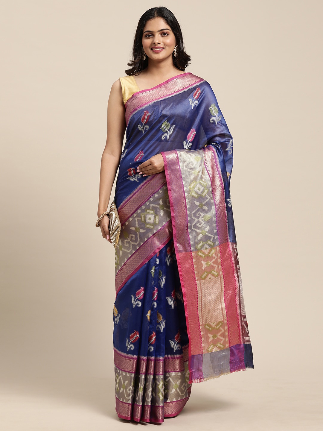 

PTIEPL Banarasi Silk Works Ethnic Motifs Woven Design Zari Art Silk Ikat Saree, Blue