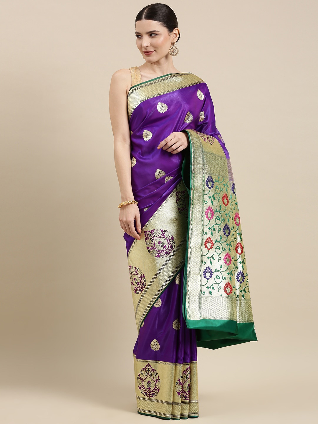 

PTIEPL Banarasi Silk Works Ethnic Motifs Woven Design Zari Satin Banarasi Saree, Purple