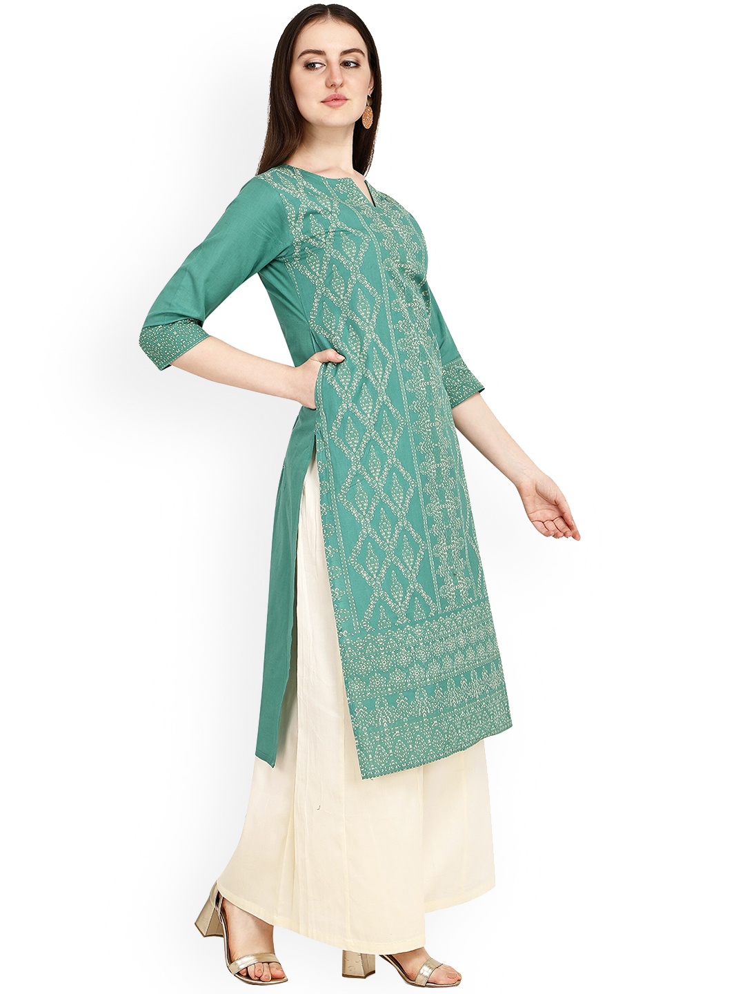 

RGHT Floral Printed Cotton Notched Round Neck Kurta, Sea green