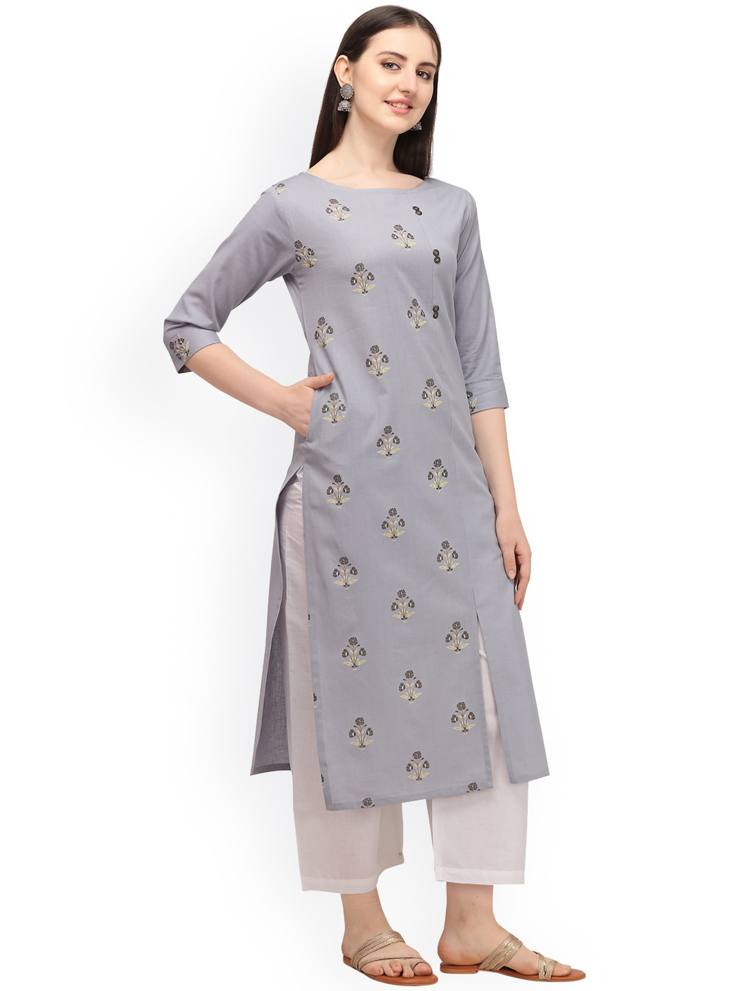 

RGHT Floral Printed Cotton Boat Neck Kurta, Violet