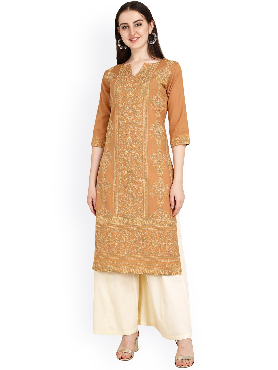 

RGHT Floral Printed Cotton Notched Round Neck Kurta, Brown