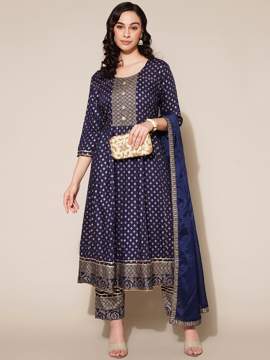 

KALINI Ethnic Motifs Printed Gotta Patti A-Line Kurta with Trousers & With Dupatta, Blue