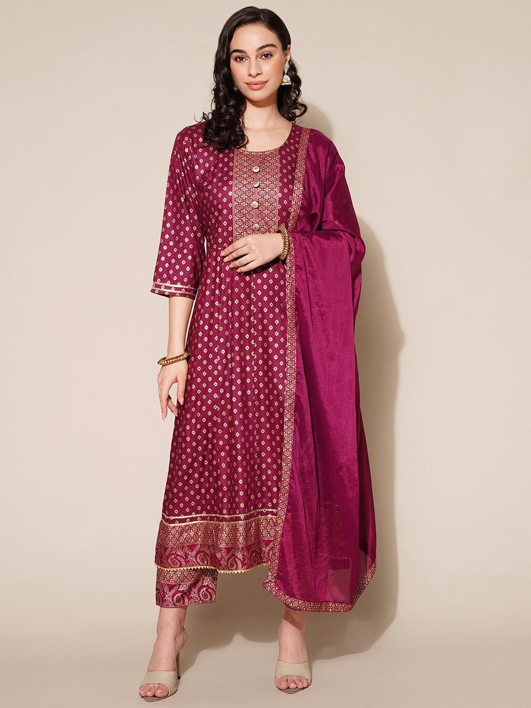 

KALINI Ethnic Motifs Printed Gotta Patti A-Line Kurta with Trousers & With Dupatta, Pink