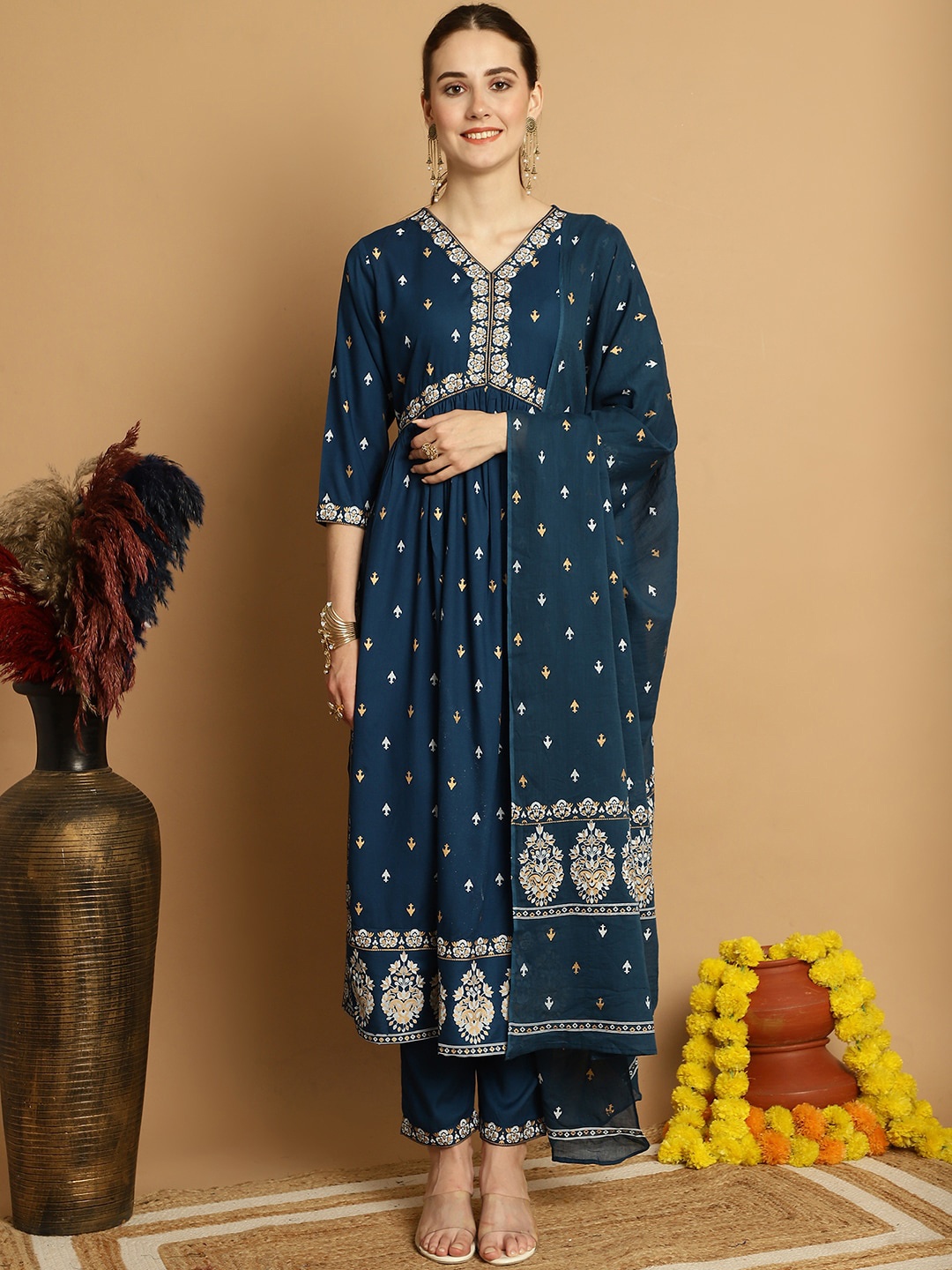 

Sangria Ethnic Motifs Printed V-Neck With Trouser & Dupatta, Teal