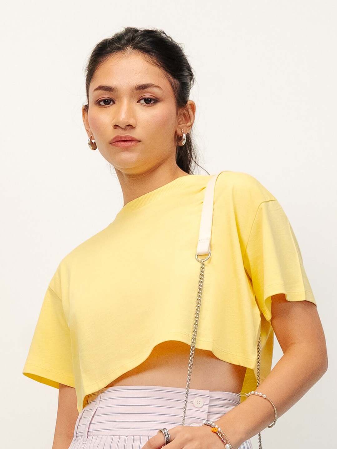 

FREAKINS Round Neck Cotton Boxy Top, Yellow