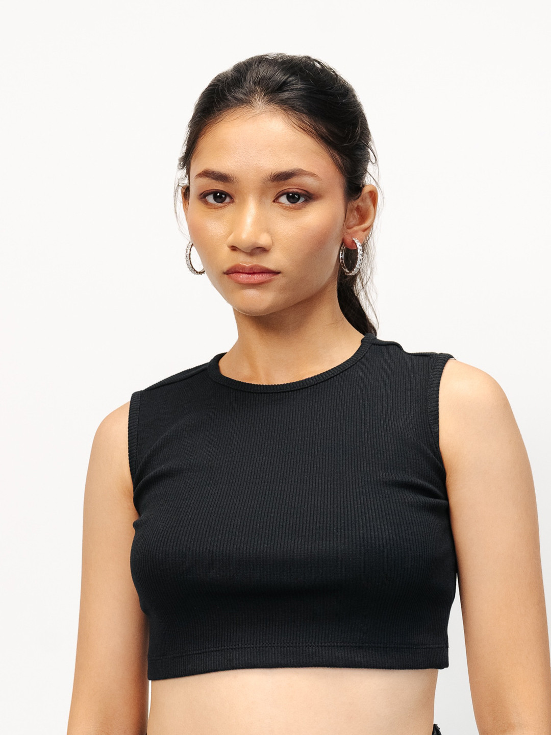 

FREAKINS Round Neck Sleeveless Cotton Crop Fitted Top, Black