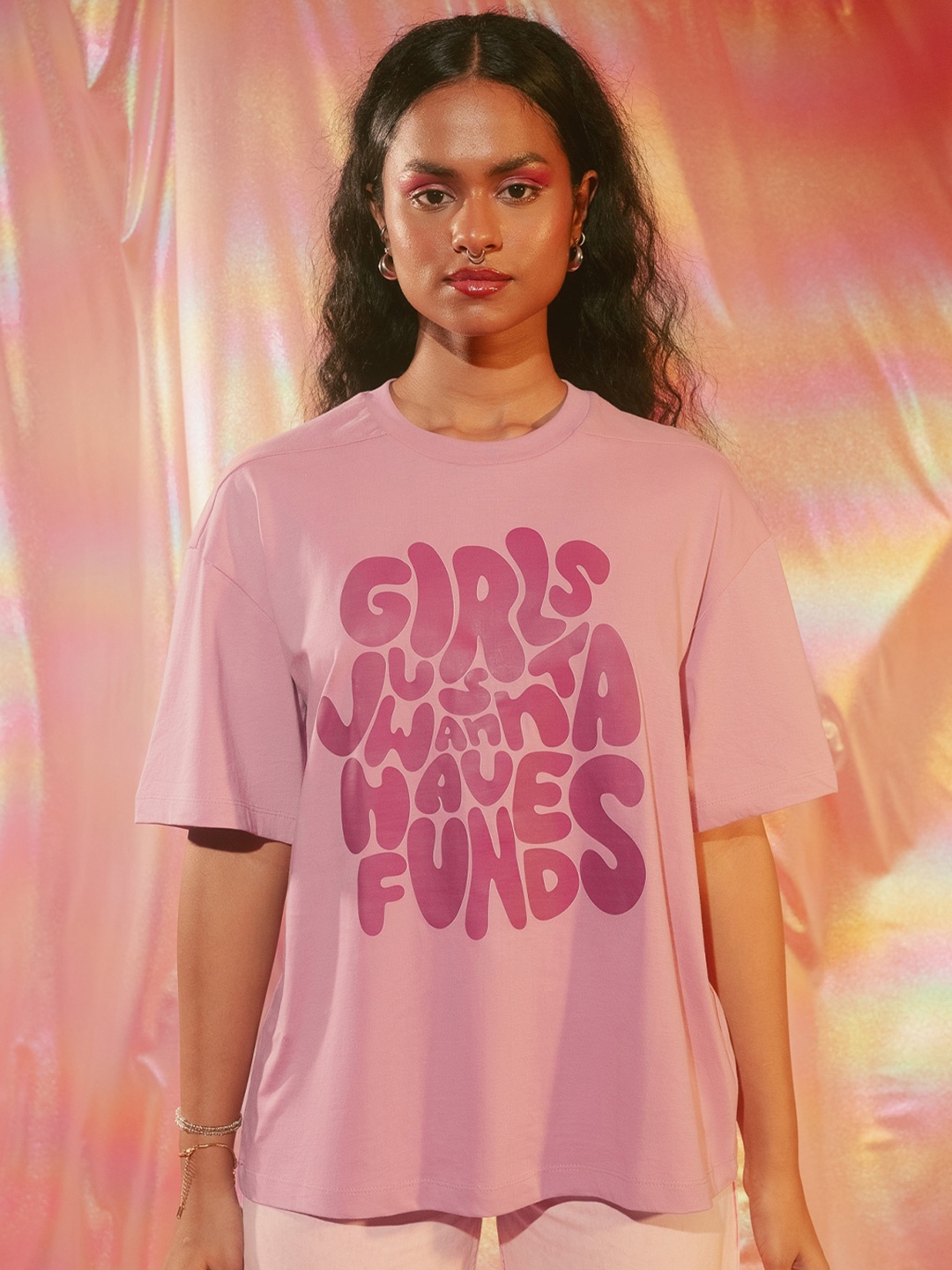 

FREAKINS Typographic Printed Cotton Oversized T-shirt, Pink