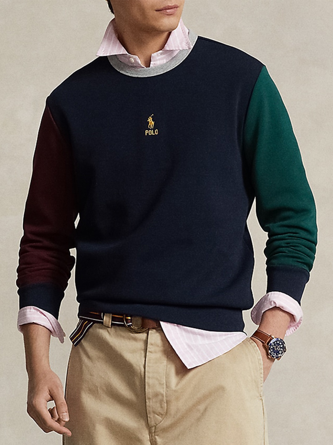 

Polo Ralph Lauren Colourblocked Double Knit Cotton Sweatshirt, Navy blue