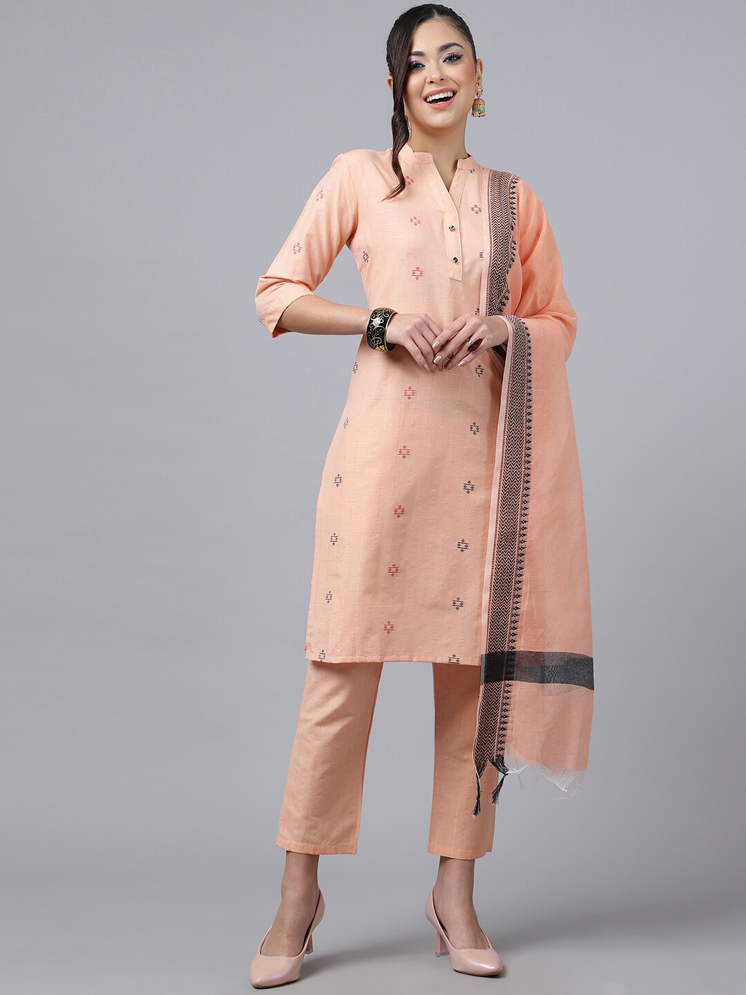 

KALINI Ethnic Motifs Woven Design Regular Dobby Kurta With Trousers & Dupatta, Orange