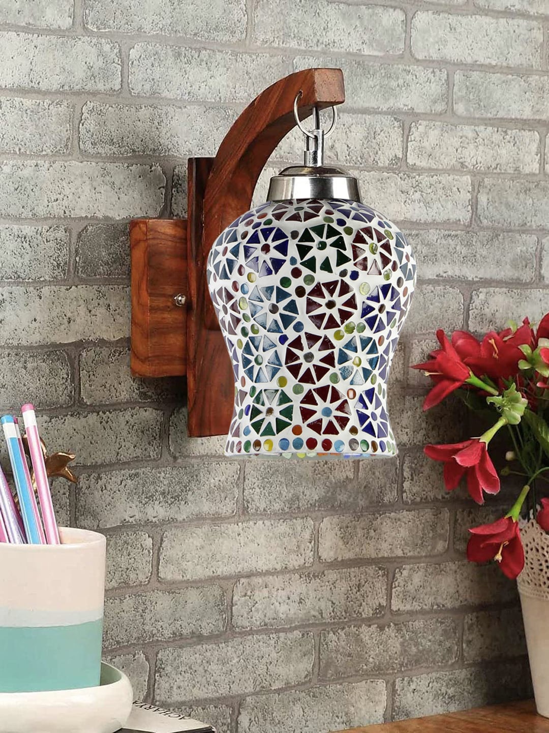 

Devansh Brown Textured Wooden Wall Lamps With Mosaic Glass