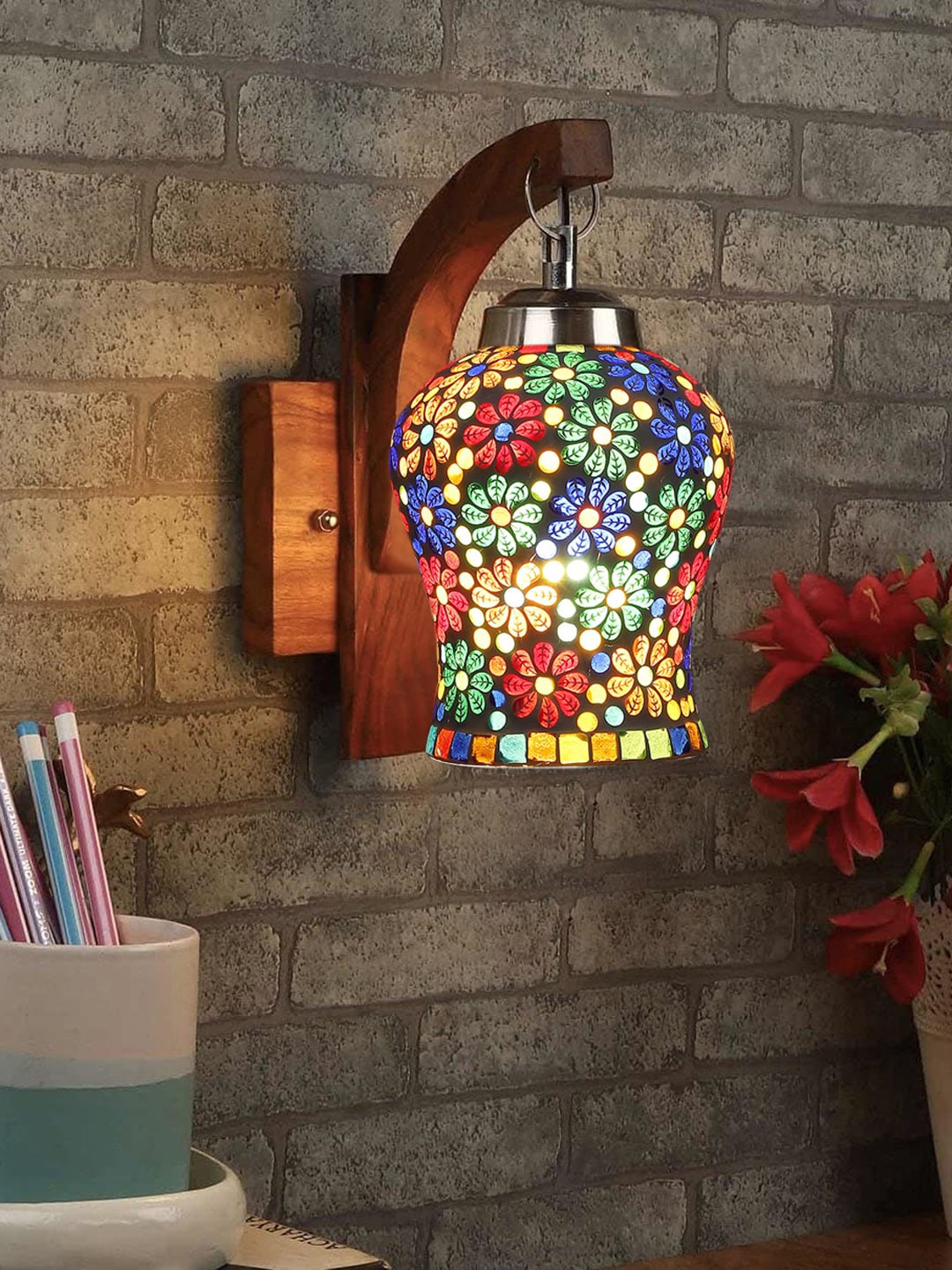 

Devansh Brown Textured Wooden Wall Lamps With Mosaic Glass