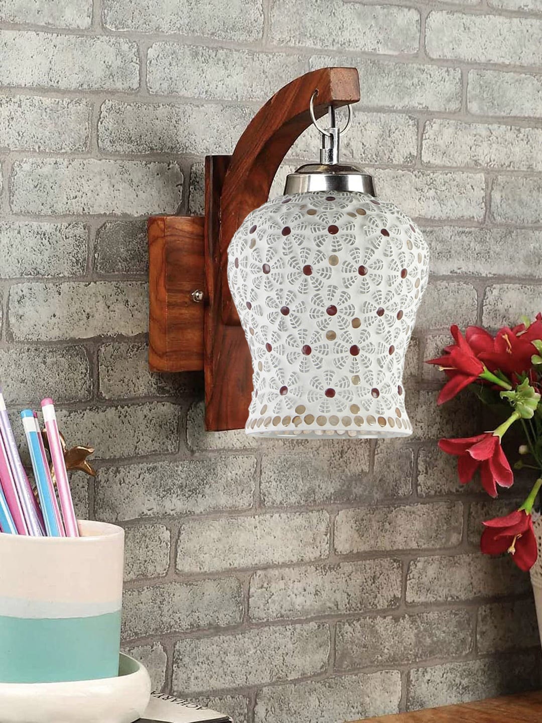 

Devansh Brown Textured Wooden Wall Lamps With Mosaic Glass