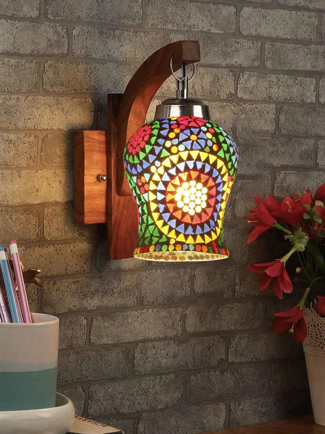 

Devansh Brown Textured Wooden Wall Lamps With Mosaic Glass
