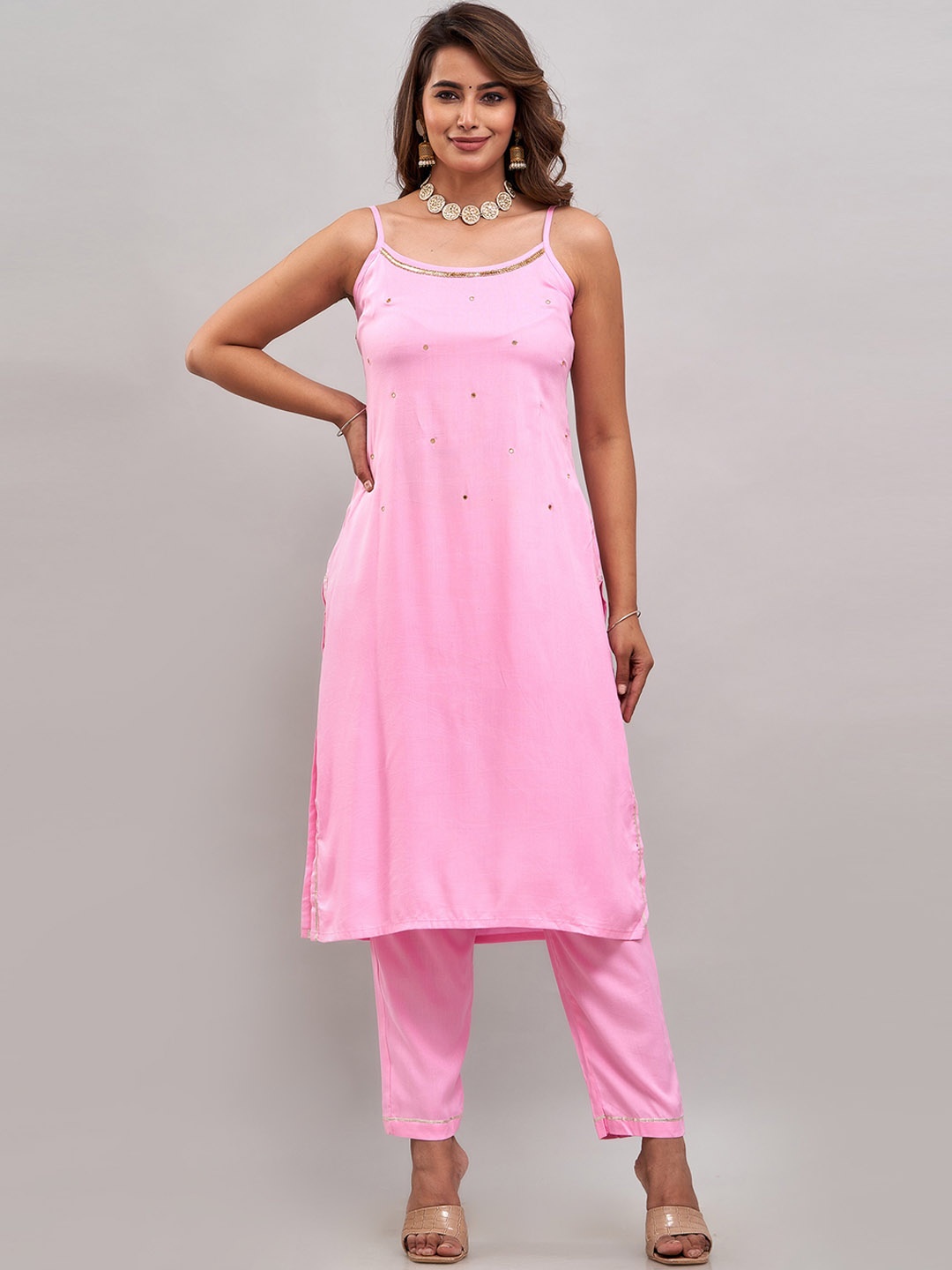 

Shedika Shoulder Straps Mirror Work Kurta With Trousers, Pink