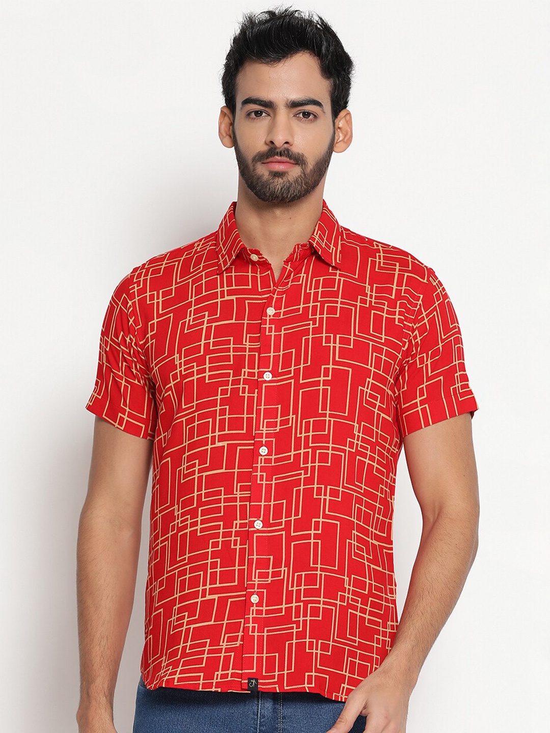 

JAVINISHKA Classic Slim Fit Geometric Printed Casual Shirt, Red