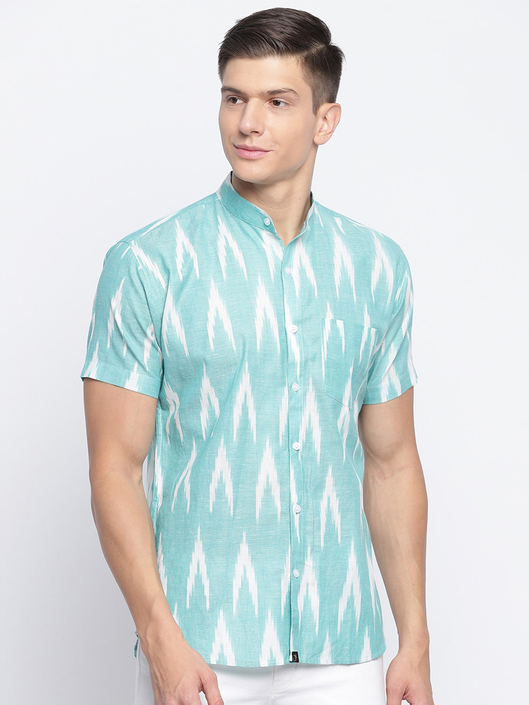 

JAVINISHKA Geometric Printed Cotton Classic Slim Fit Opaque Casual Shirt, Sea green