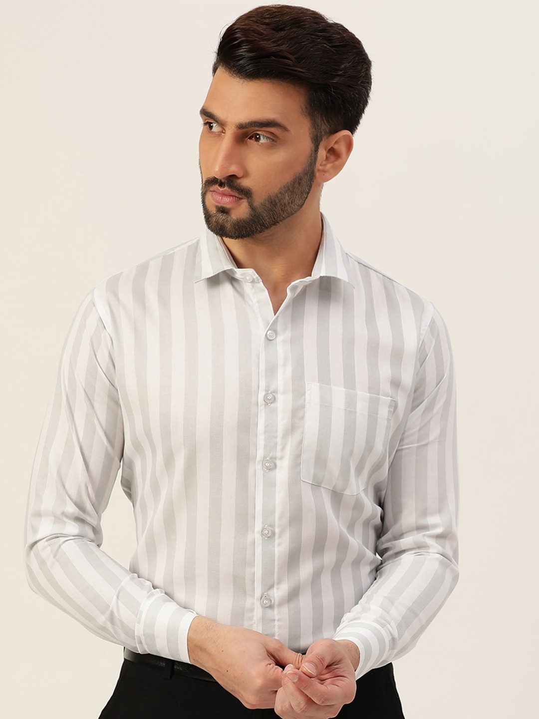 

JAVINISHKA Striped Cotton Classic Slim Fit Opaque Formal Shirt, Grey