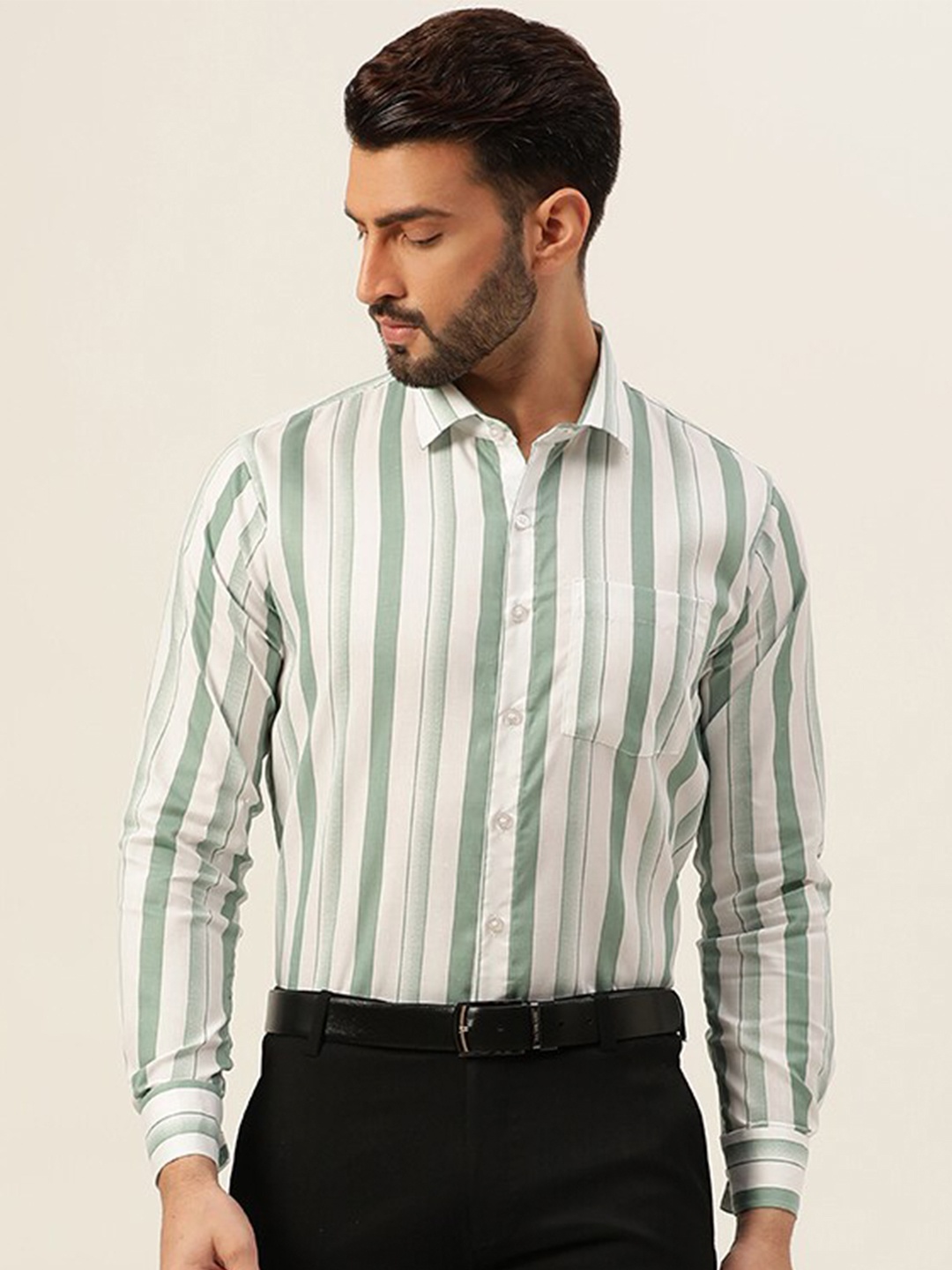 

JAVINISHKA Striped Cotton Classic Slim Fit Opaque Formal Shirt, Teal